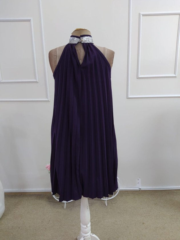 Rochie de damă scurtă, creponată, plisată, cu guler tip helancă și umeri goi, 35222