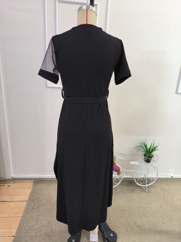 Rochie Midi crep Janjan cu Mânecă Scurtă, Guler Inelat, un Umăr cu Detalii de Tul și Perle, cu Șliț, de Damă, 35259