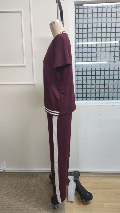 Costum pentru femei din 2 piese - bluz viscoza cu maneca scurta, guler V si pantaloni, 35484