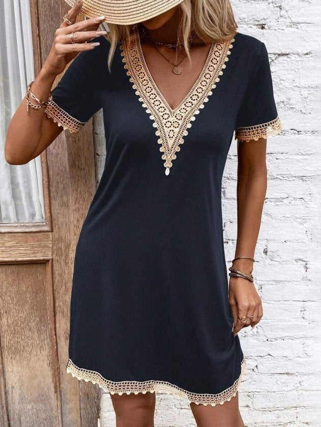 Rochie din Viscon, Femeie, Mânecă Scurtă, Gât V, Detaliu Dantelă, Lungime Scurtă, 36716