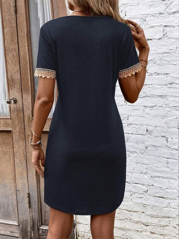 Rochie din Viscon, Femeie, Mânecă Scurtă, Gât V, Detaliu Dantelă, Lungime Scurtă, 36716
