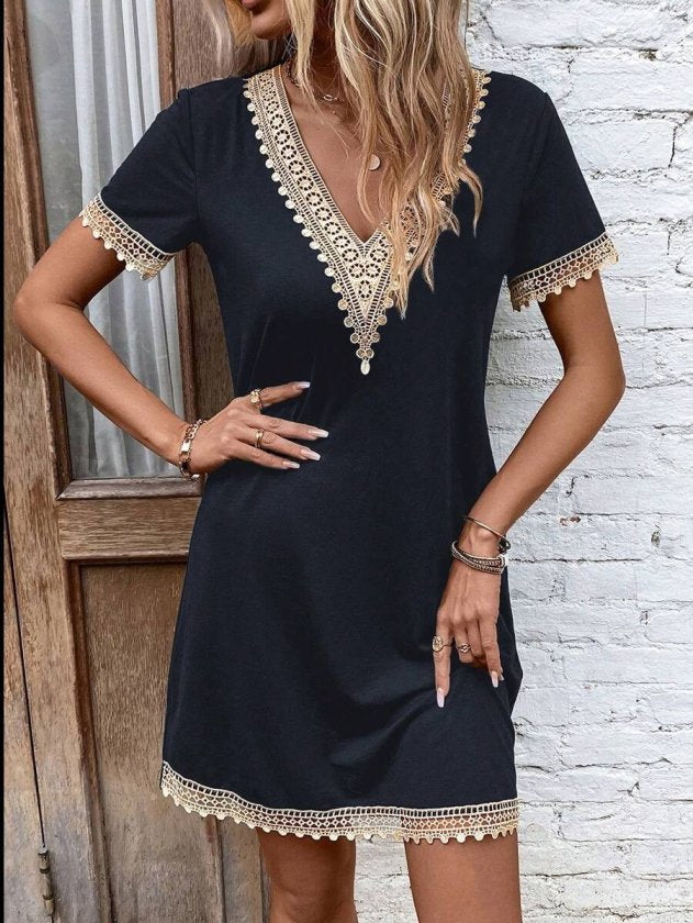 Rochie din Viscon, Femeie, Mânecă Scurtă, Gât V, Detaliu Dantelă, Lungime Scurtă, 36716