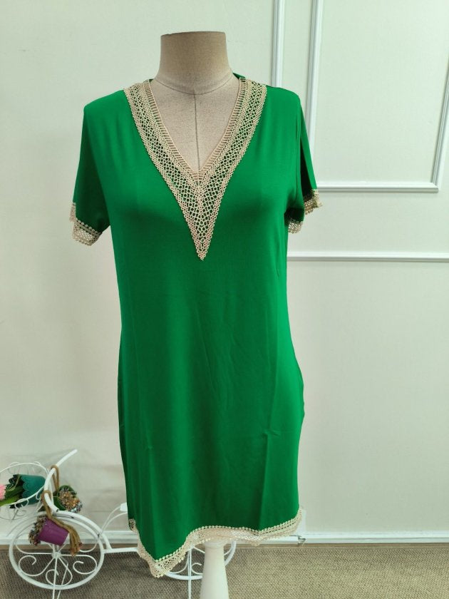 Rochie din Viscon, Femeie, Mânecă Scurtă, Gât V, Detaliu Dantelă, Lungime Scurtă, 36715