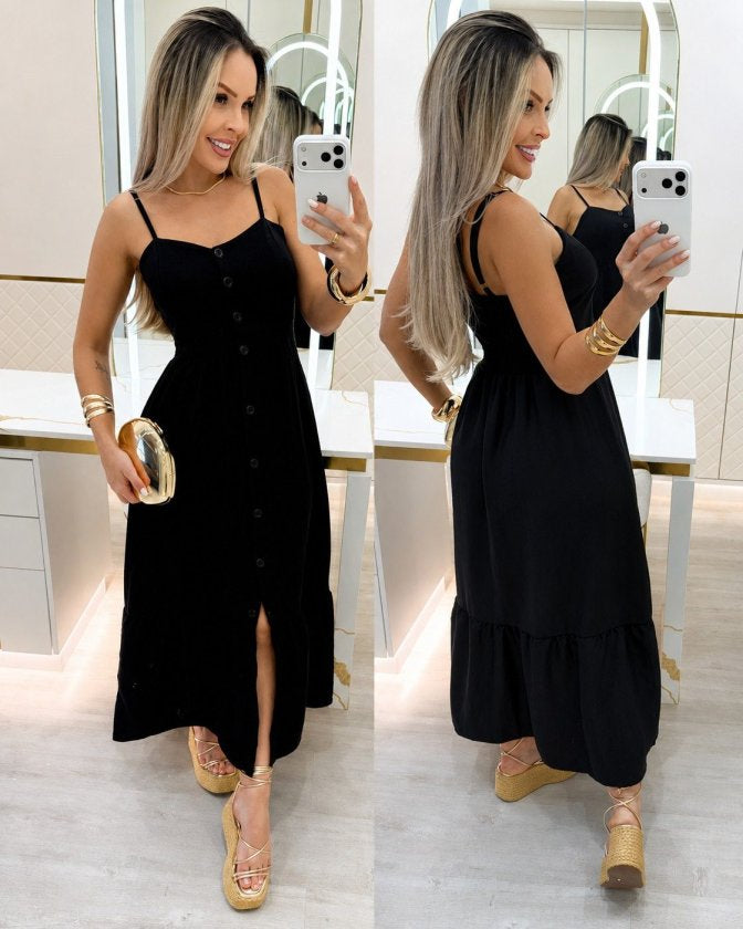 Rochie midi din bürümcük cu bretele șnur, guler V, cu nasturi pe față, 36706
