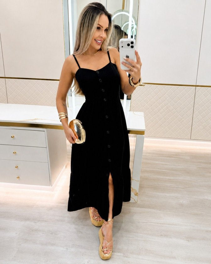 Rochie midi din bürümcük cu bretele șnur, guler V, cu nasturi pe față, 36706
