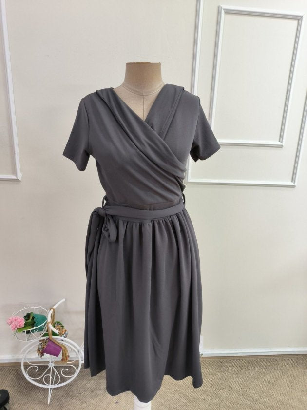 Rochie crep Janjan scurta pentru femei cu maneca scurta, guler, snur la talie, 35502