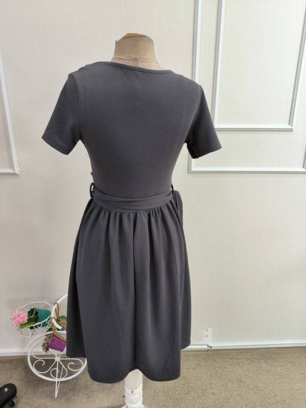 Rochie crep Janjan scurta pentru femei cu maneca scurta, guler, snur la talie, 35502