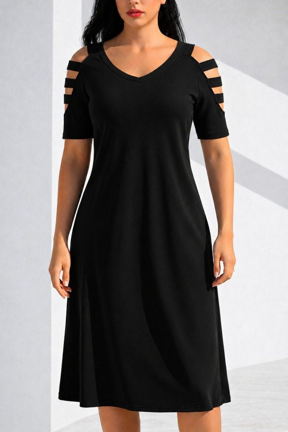 Rochie viscoza midi pentru femei cu maneca scurta, guler V, snur decorativ pe umeri, 35515