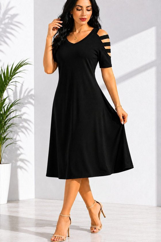 Rochie viscoza midi pentru femei cu maneca scurta, guler V, snur decorativ pe umeri, 35515