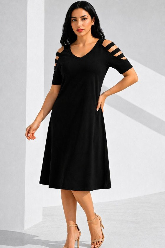 Rochie viscoza midi pentru femei cu maneca scurta, guler V, snur decorativ pe umeri, 35515