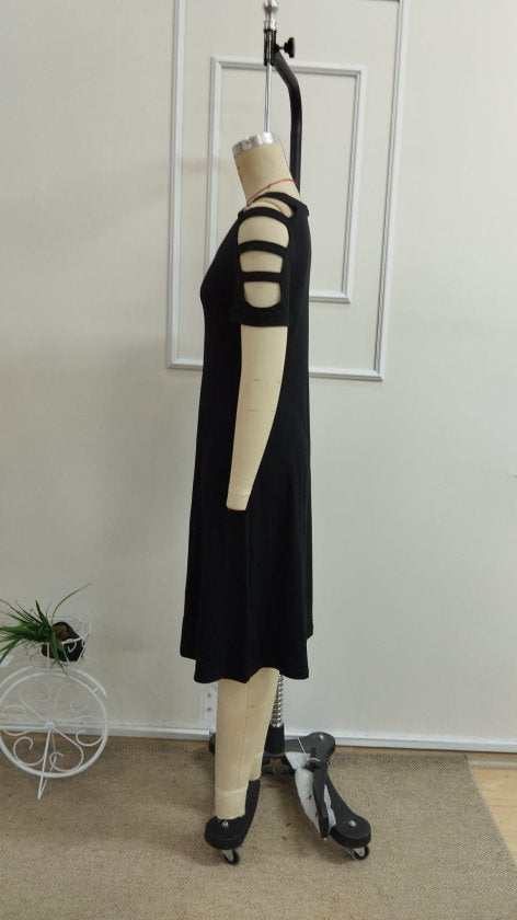 Rochie viscoza midi pentru femei cu maneca scurta, guler V, snur decorativ pe umeri, 35515