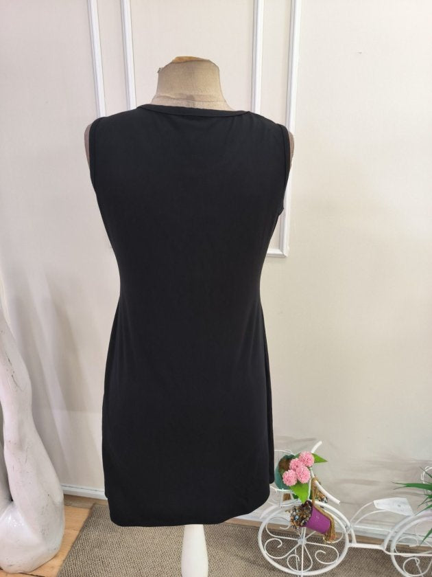 Rochie viscoza scurta pentru femei cu bretele, guler rotund, detalii din dantela, 35501