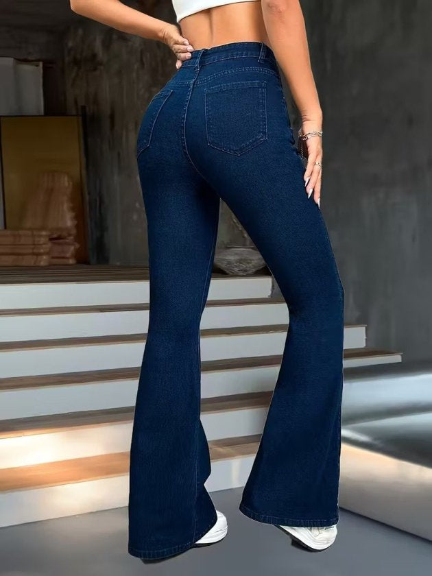 Pantaloni denim cu talie inalta, croiala larga spre glezne, 35442