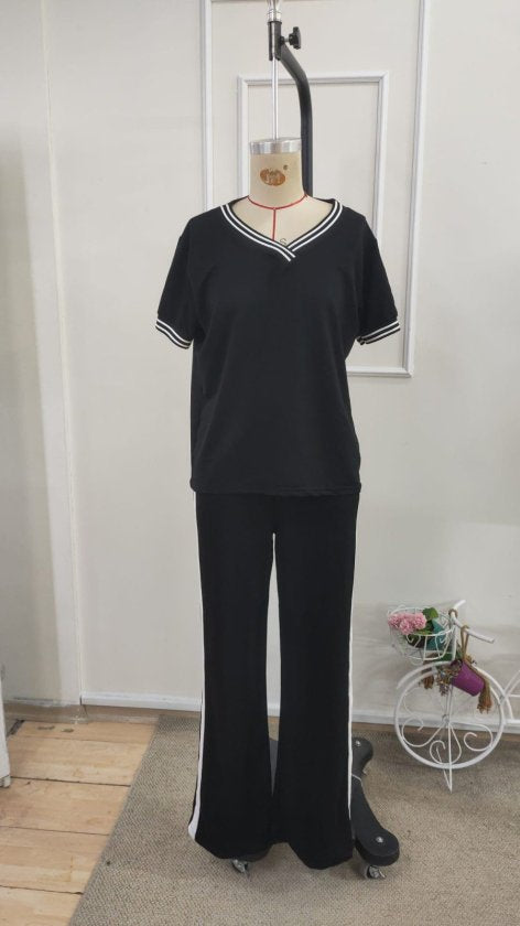Costum pentru femei din 2 piese - bluz viscoza cu maneca scurta, guler V si pantaloni, 35468