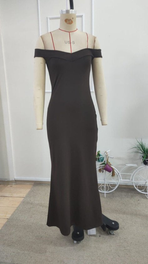 Rochie dalgic lunga pentru femei cu umerii goi, guler Madonna, decupaj V, 35493