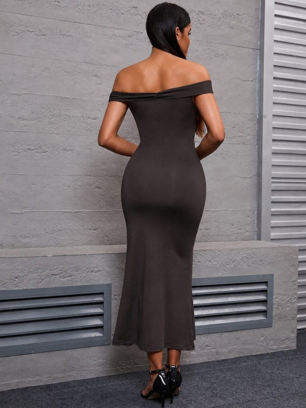 Rochie dalgic lunga pentru femei cu umerii goi, guler Madonna, decupaj V, 35493