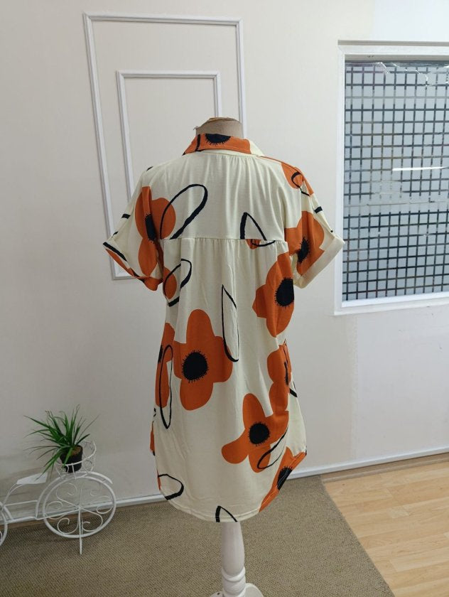 Rochie damă, scurtă, din jerseu, cu guler și mânecă scurtă, cu model floral, 35540