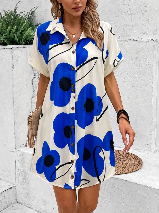 Rochie supreme scurta pentru femei cu maneca scurta, guler si model floral, 35542
