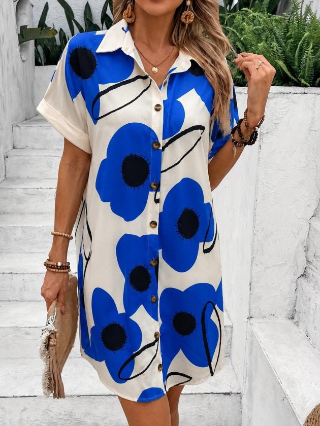 Rochie supreme scurta pentru femei cu maneca scurta, guler si model floral, 35542