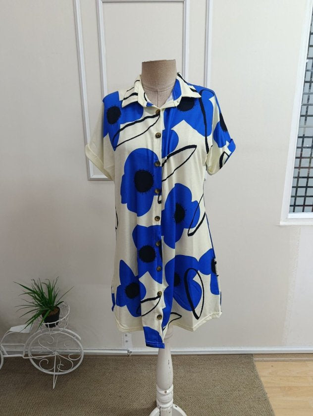 Rochie supreme scurta pentru femei cu maneca scurta, guler si model floral, 35542