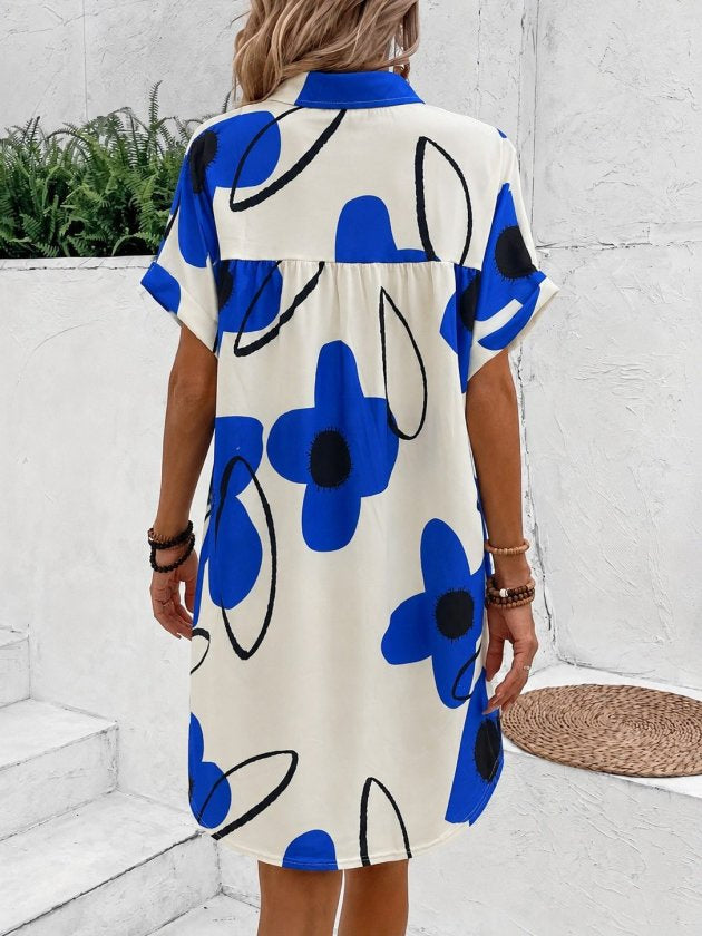 Rochie supreme scurta pentru femei cu maneca scurta, guler si model floral, 35542