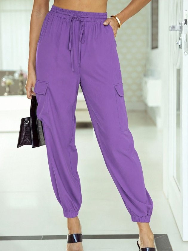 Pantaloni de damă tip parașută, cu talie înaltă, șiret, buzunare și manșete elastice, 35716