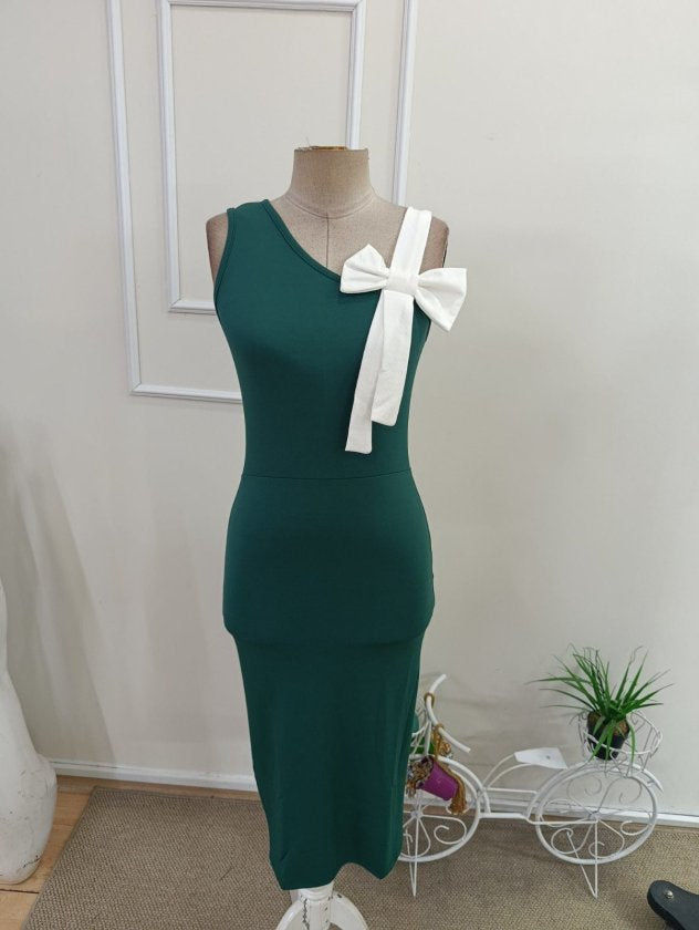 Rochie crep Janjan midi pentru femei cu o singura bretela, o funda pe cealalta umar, 35606