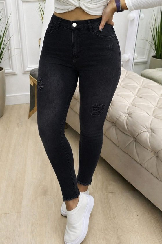 Pantaloni denim skinny cu talie inalta si model rupt/desfipat, 35673