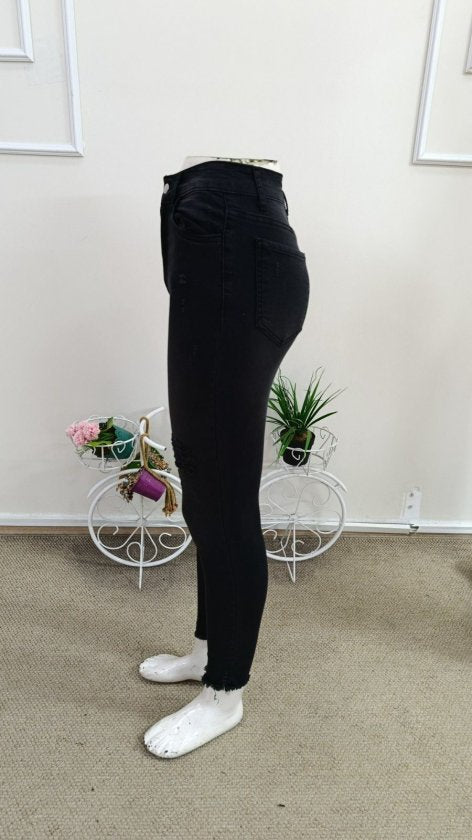 Pantaloni denim skinny cu talie inalta si model rupt/desfipat, 35673