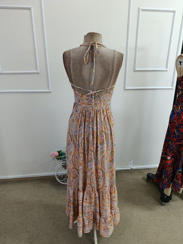Rochie supreme lunga cu bretele subtiri, guler V, spate gol, legatura la gat, cu model desenat, 35710