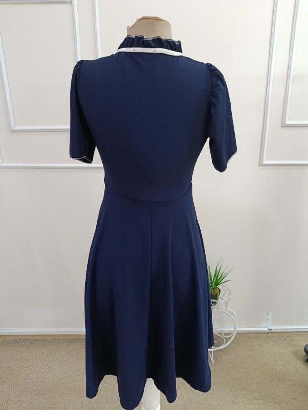 Rochie Midi Crep, Cu Mânecă Scurtă, Legată la Gât și Volane, pentru Femei, 35720