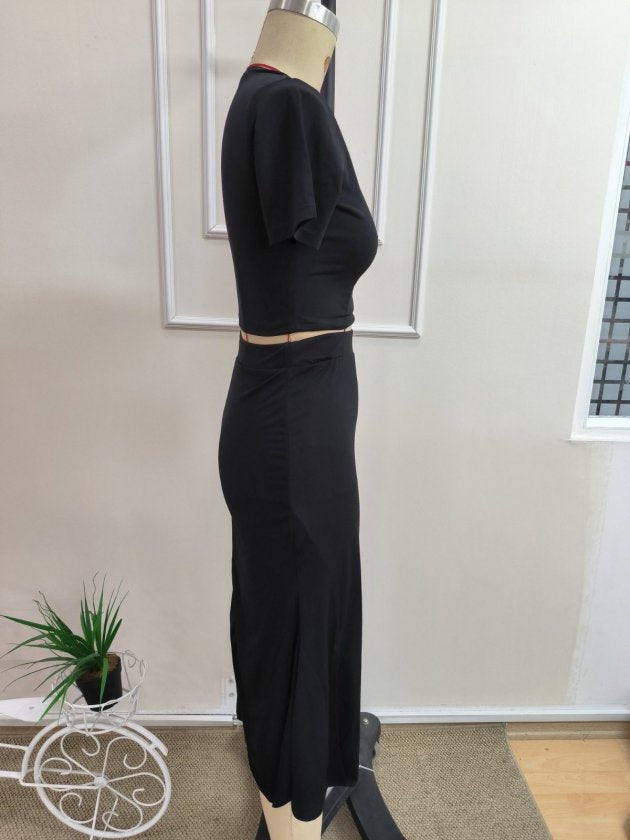 Kadın Kısa Kollu Yuvarlak Yakalı Sandy Krop Bluz Ve Yırtmaçlı Midi Sandy Ikili Takım, 35732