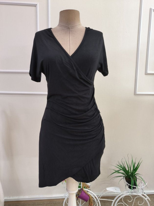 Rochie viscoza scurta pentru femei cu maneca scurta, guler incrucis, taiuri asimetrice in fata, 35755
