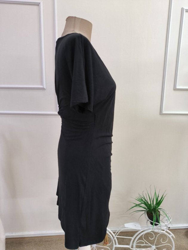 Rochie viscoza scurta pentru femei cu maneca scurta, guler incrucis, taiuri asimetrice in fata, 35755