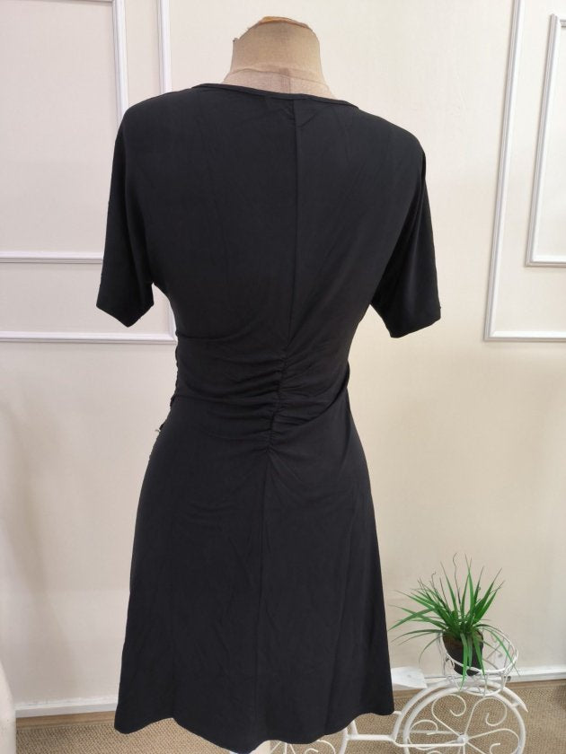Rochie viscoza scurta pentru femei cu maneca scurta, guler incrucis, taiuri asimetrice in fata, 35755
