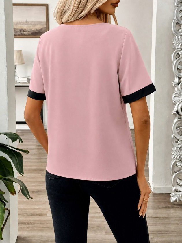 Bluz Dubai pentru femei cu maneca scurta, guler asimetric, nasturi si detalii, 35798