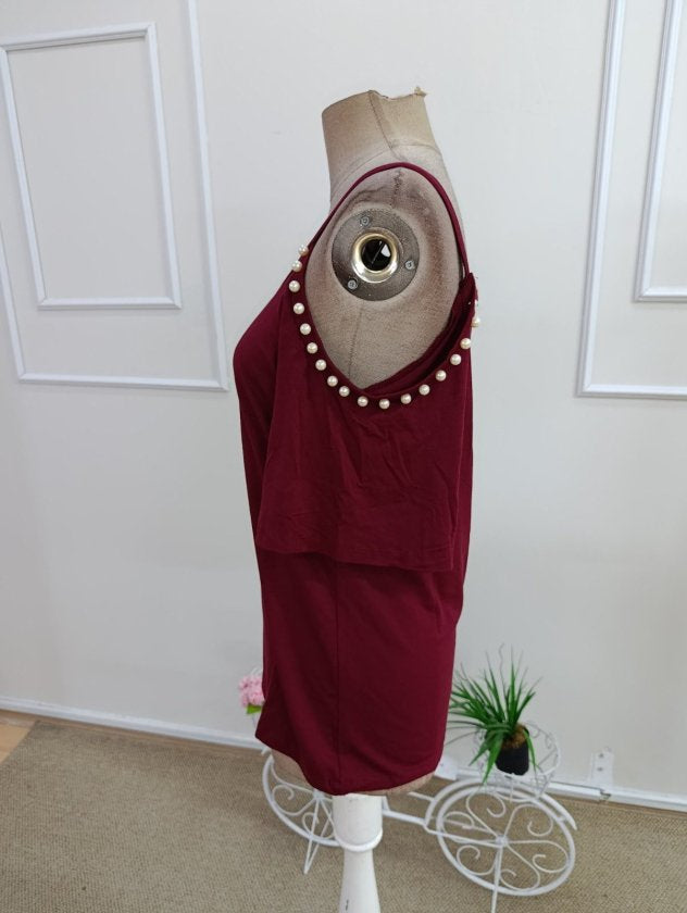 Bluz damă, cu mânecă scurtă, cu bretele, cu umerii goi, din viscoză, cu perle, 35851