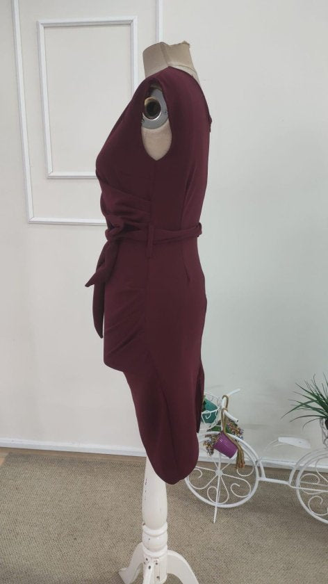 Rochie scurtă din crepe pentru femei, mânecă scurtă, cu curea la talie, buznuire, 35916