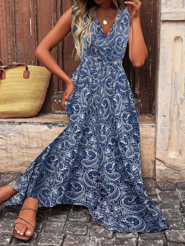 Rochie lungă din bumbac pentru femei, fără mâneci, guler crăciun, fără curea, model, 35919