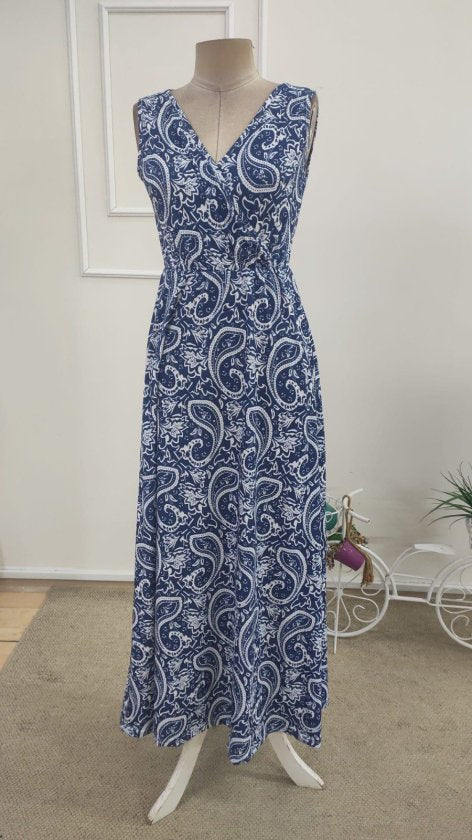 Rochie lungă din bumbac pentru femei, fără mâneci, guler crăciun, fără curea, model, 35919