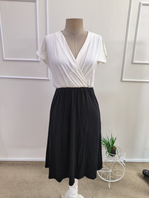 Rochie midi din viscoză pentru femei, mânecă scurtă, guler crăciun, culoare două pe culoare, 35931