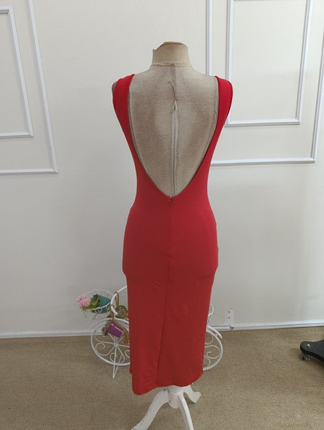 Rochie midi din ondulat pentru femei, bretele, guler rotund adânc, spate deschis, 35934