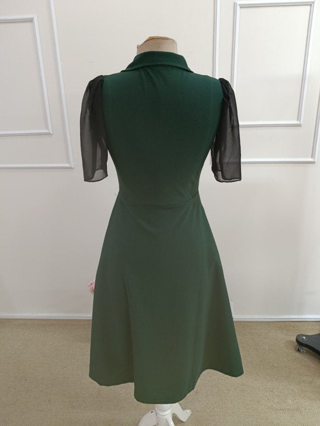 Rochie Midi de Damă din Crep, Mânecă Scurtă, Guler, Nasturi Frontali, Import, 36604
