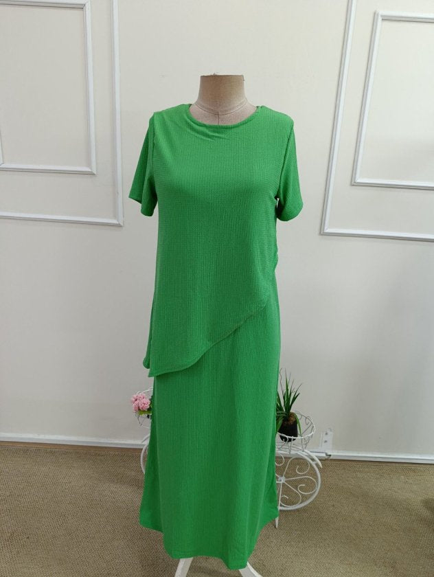 Rochie lungă de damă din bumbac creponat, cu mâneci scurte, guler rotund și croială asimetrică în față, 35951
