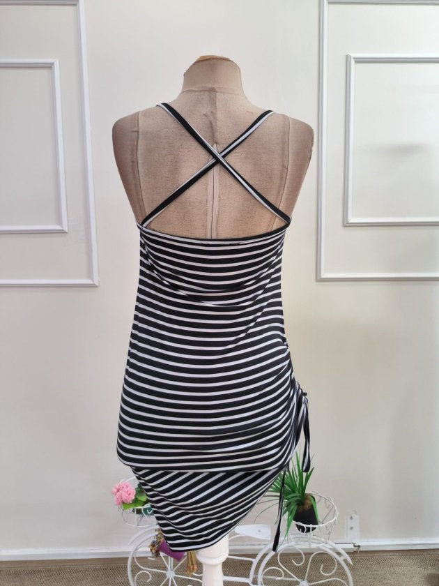 Rochie scurtă din bumbac pentru femei, bretele, guler degajat pe față, detaliu crăciun pe spate, model pe dungi, buznuire pe laturi, 35964