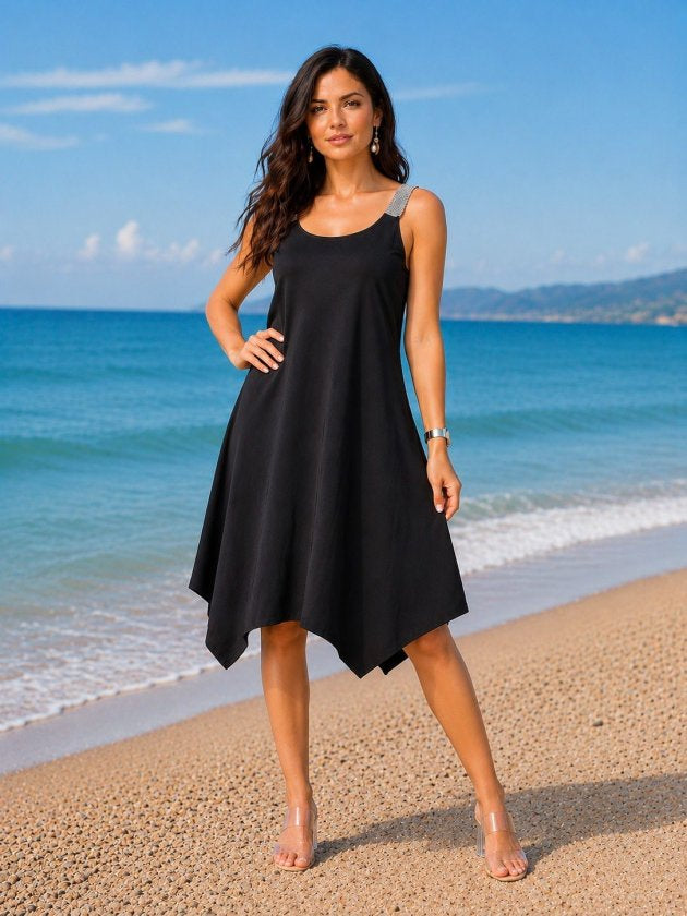 Rochie midi din viscoză pentru femei, bretele, guler rotund, detaliu croit asimetric, 35981