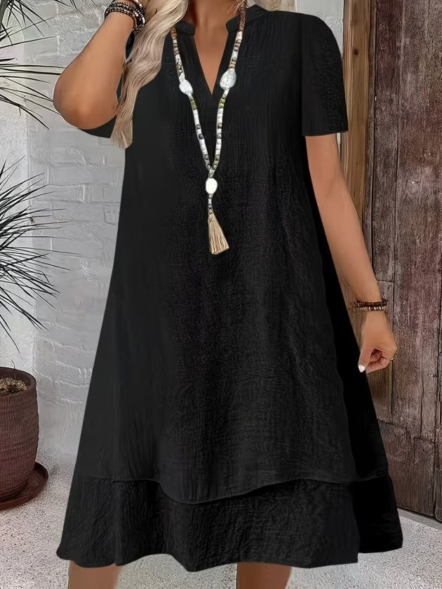 Rochie midi din crincă pentru femei, mânecă scurtă, guler rotund, 35984
