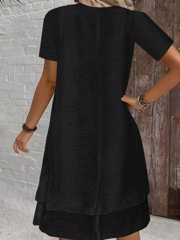 Rochie midi din crincă pentru femei, mânecă scurtă, guler rotund, 35984