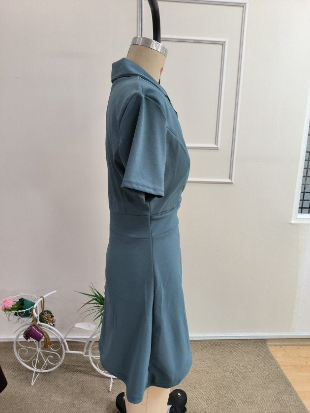 Rochie Scurtă din Crepon Importat pentru Femei cu Mâneci Scurte, Guler, Nasturi pe Latura, 37646