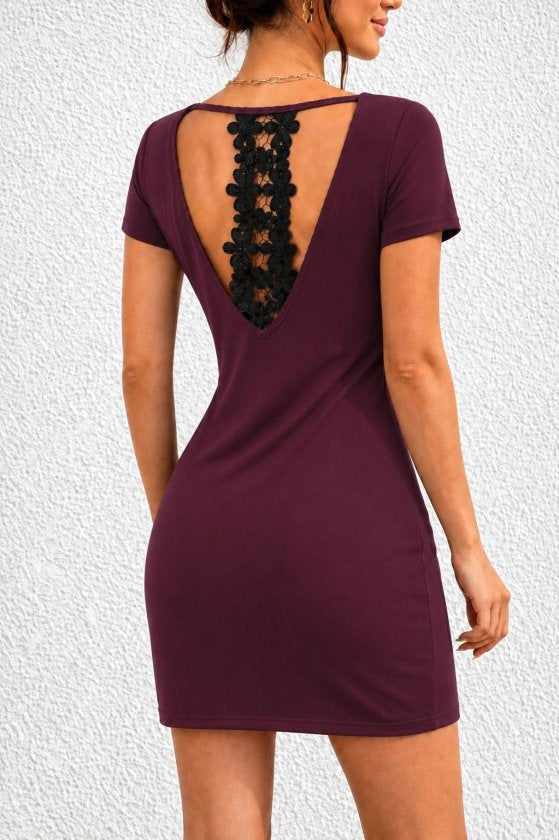 Rochie din viscoză două fire pentru femei, mânecă scurtă, detaliu dantelă pe spate, scurtă, 36098